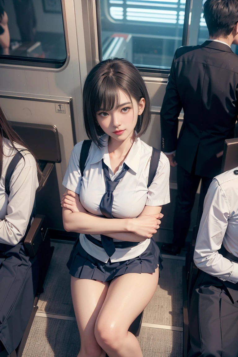 １Man girl、top-quality、超A high resolution、Colossal tits、breastsout、Wavy blonde hair、Picture-perfect face、、Beautiful expression、beauitful face、beautidful eyes、High School Uniforms、Schoolgirl Uniform、a miniskirt、White T-Pack、beauty legs、Subway train interior background、In a crowded train、(Lots of men on the train、Male molesters、Molestation on the train)、(((( Man standing behind schoolgirl、A man lifts a skirt from behind a schoolgirl、A man grabs a schoolgirl buttocks from behind、A man grabs a schoolgirl's chest from behind、Touching the chest))))、(insertion(SEX)　、Ejaculation on the body、Massive ejaculation)、fear expression、blushed face、s ass、Turned、、upturned ass、Show me your sloping buttocks、Stick your big butt out towards the viewer
