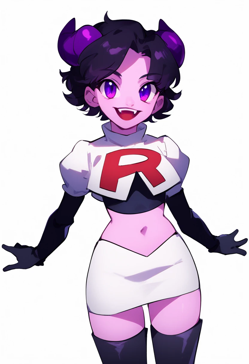 jellybean_yt, solo, looking at viewer, smile, short hair, open mouth, black hair, 1girl, white background, purple eyes, female focus, horns, teeth, colored skin, fangs, team rocket,team rocket uniform,white skirt,red letter R,crop top,black thigh-highs,black elbow gloves, source