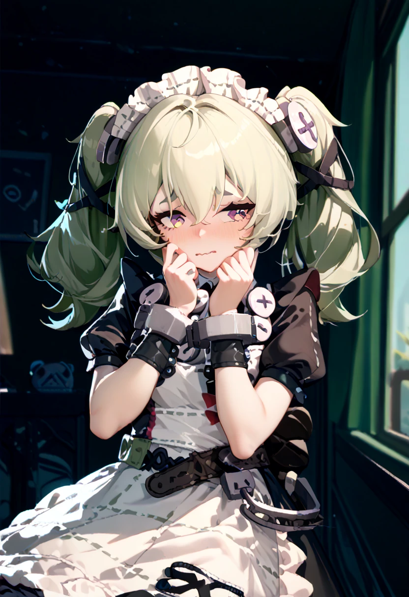 ((Corin Wickes:1.3)), Zenless Zone Zero, wavy mouth, Shy and Panic, blush,  twin tails、 maid clothes、 green hair、handcuffs