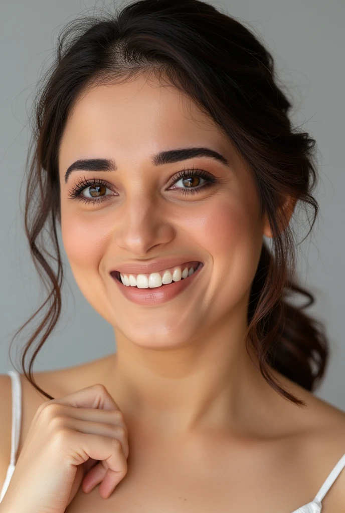 Realistic Studio portrait of a young woman, beautifully lit, masterpiece, A close-up shot of an attractive young woman, she poses seductively against a plain backdrop. Her gaze is framed by luscious eyelashes and a smile