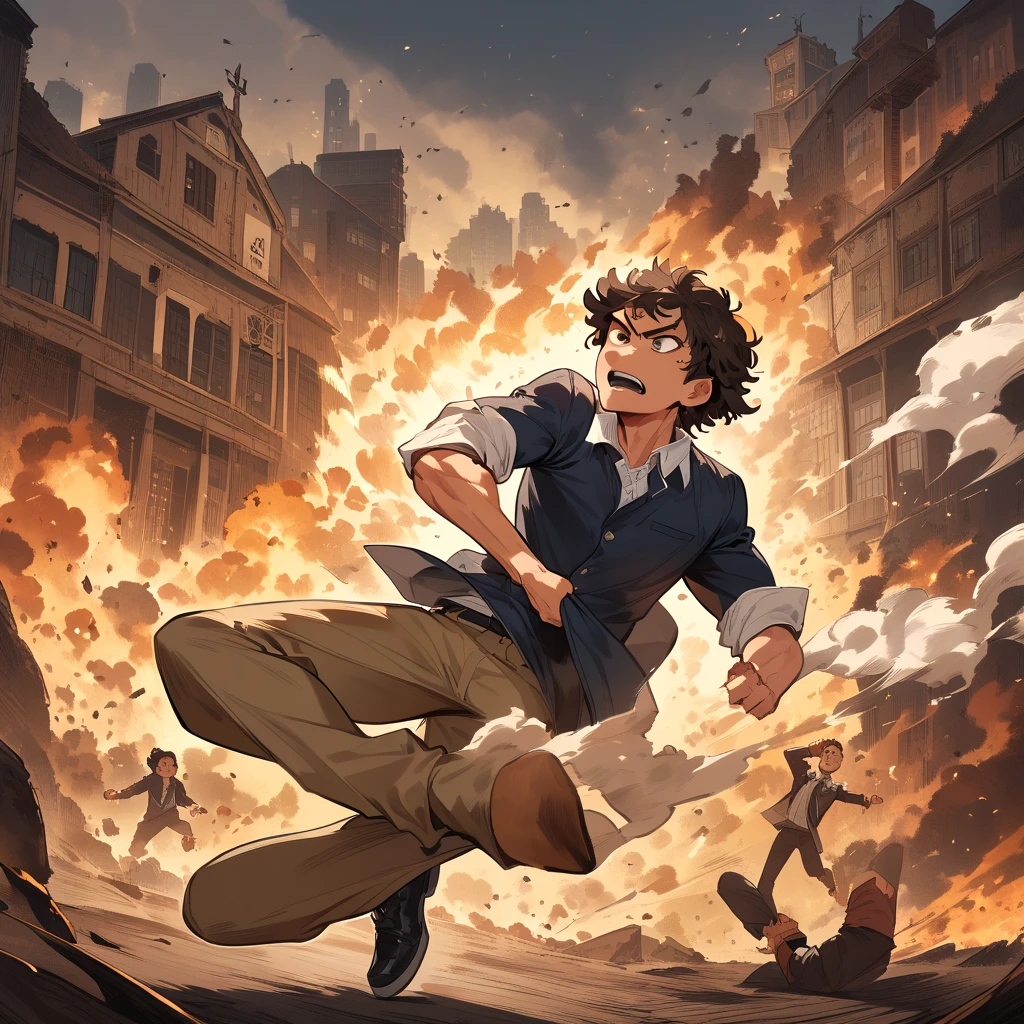 (((obra-prima))), qualidade excepcional, Ultra-detailed illustration, dynamic picture, Spike Spiegel, pistola, intense action scene. (Make a anime teenager boy in a school outfit, shounen art style) floating in mid air menacingly, scary looking , with his psychic aura surrounding him, his aura also destroying buildings in the back ground. his figure 22-year-old, with a muscles but not too much. His tousled dark brown hair, intermingled with playful strands of lighter tan, danced in the gentle breeze, often falling haphazardly over his brow. The tousled locks framed his angular face, where bright, expressive yellow, brownish eyes sparkled with an innocent curiosity—a striking contrast to the fierce determination often hidden beneath his nonchalant exterior.


make him wear a white button down rolled up sleeves shirt, with light brown slacks pants, right sleeve of the pants is burnt off up to his knee cap, with some shoes that looks like it's boosting his power, and energy 





