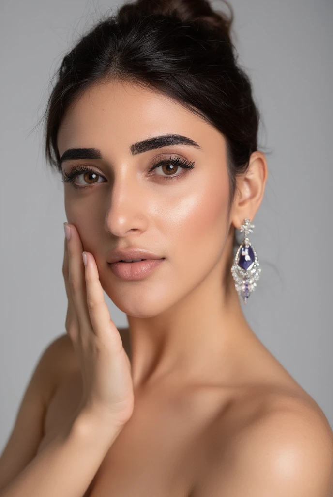 Realistic Studio portrait of a young woman, beautifully lit, masterpiece, A close-up shot of an attractive young woman, she poses seductively against a plain backdrop. Her gaze is framed by luscious eyelashes and a smile