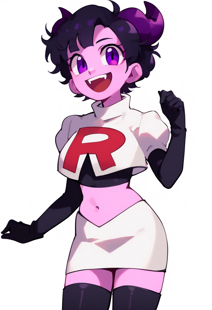 jellybean_yt, solo, looking at viewer, smile, short hair, open mouth, black hair, 1girl, white background, purple eyes, female focus, horns, teeth, colored skin, fangs, team rocket,team rocket uniform,white skirt,red letter R,crop top,black thigh-highs,black elbow gloves, source