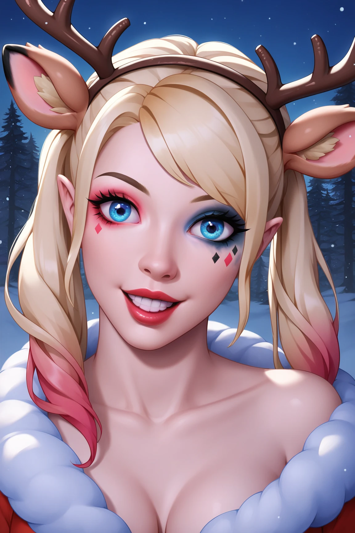 Face focus,A female mage,Snow-white hair,There is eyeshadow close to snow-white,Green eyes,He wears a yellow necklace around his neck,Wear Christmas clothes,Christmas sticks in hand,A antler headdress is worn on his head