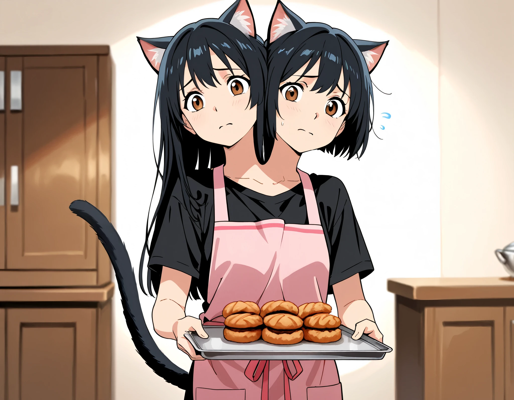 anime catgirl with two heads, cat ears, black hair, left head has long hair and right head has short hair, brown eyes, cat tail, alarmed, worried, black t-shirt, pink apron, looking at a tray of burnt cookies