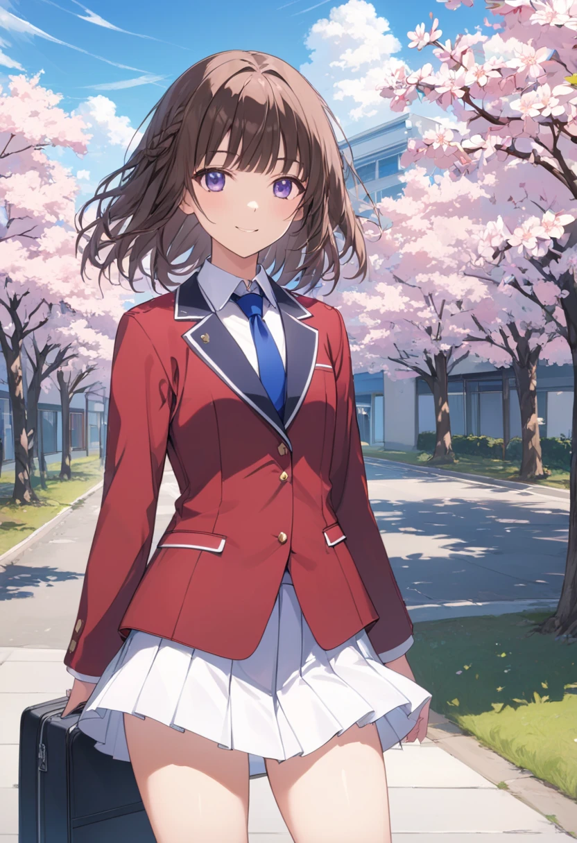 masterpiece,  top quality,  high definition , brown hair,  medium hair,  braided , blunt bangs,  blue tie,  red jacket,  blazer,  Long Sleeve , White Skirt,  pleated skirt ,   White Knee-High, smile, cherry blossoms,   outdoor,  standing ,  cowboy shot ,smile