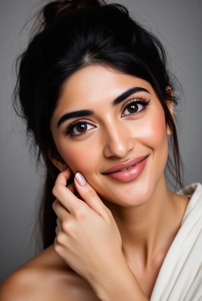 Realistic Studio portrait of a young woman, beautifully lit, masterpiece, A close-up shot of an attractive young woman, she poses seductively against a plain backdrop. Her gaze is framed by luscious eyelashes and a smile