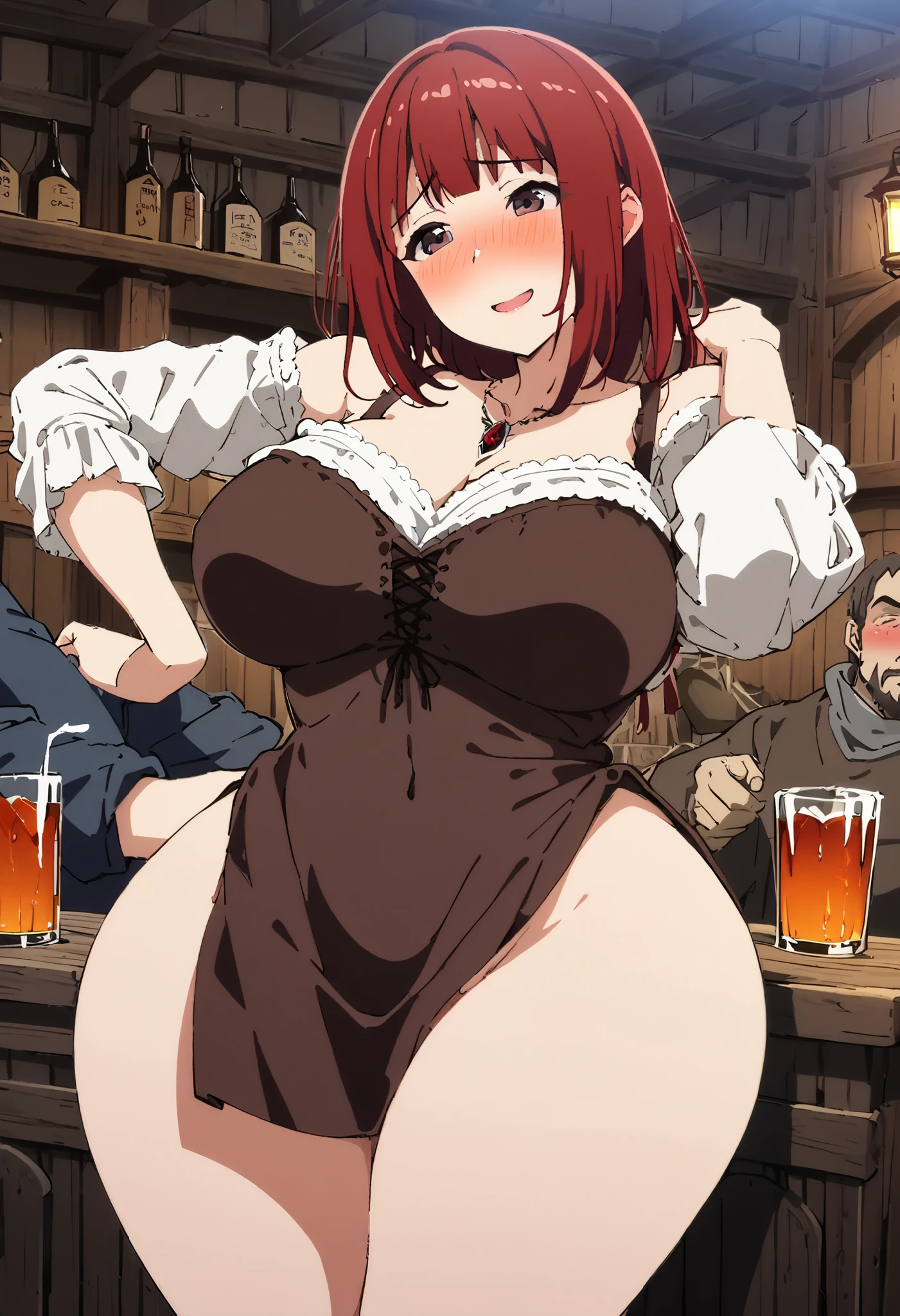 (  1 woman 1 man  ),  attractive mature woman in a very tight medieval peasant dress with a neckline, breasts, straight red hair,   Sensual look , brown eyes, in a tavern, en, erotic, sensual, Mother and daughter, ecchi,   shy expression  , medieval tavern, Smile shame  ,   perfect body, blush, Shameless, bold,   tight dress  , ,  pose by please stop  ,   full body,   She is accompanied by a medieval man  ,  alcoholic beverages ,  I don't like orgasm  ,  slim body,  