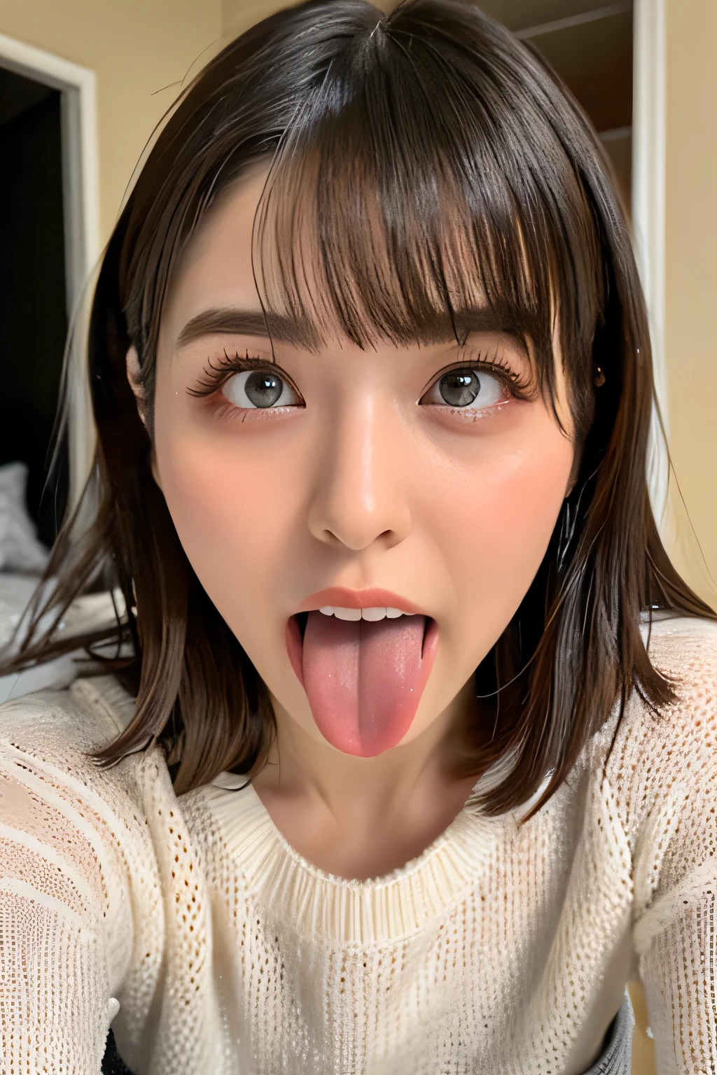  One girl , table top in bed,,Award-winning photo,  very detailed,  face close-up 、 keep your eyes focused, Nose and mouth, focus on face ,  Women with Open Mouth and Closed Eyes ,  Close up view of focus on face 、age: 18 , dark-haired、Symmetrical face,Realistic nostrils、 If 、Extended C-shaped nostrils 、 sweated skin、 sweated,   lighting to highlight pubic skin、(((Loose fit sweater,  shorts),)) sweated,  pubic skin、 pubic skin、 big eyes、 double eyelid 、(My tongue is wet and glowing ) ((Wet tongue)),Taylor Hill, hyperrealistic ,real skin、Nogizaka Members,Detailed and realistic eyelashes and double eyelids,