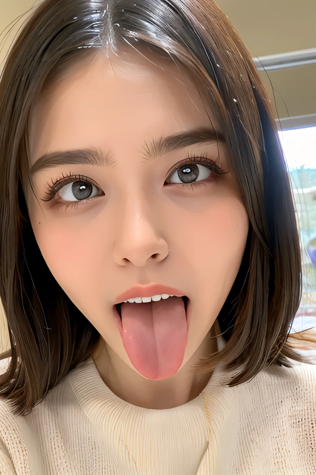  One girl , table top in bed,,Award-winning photo,  very detailed,  face close-up 、 keep your eyes focused, Nose and mouth, focus on face ,  Women with Open Mouth and Closed Eyes ,  Close up view of focus on face 、age: 18 , dark-haired、Symmetrical face,Realistic nostrils、 If 、Extended C-shaped nostrils 、 sweated skin、 sweated,   lighting to highlight pubic skin、(((Loose fit sweater,  shorts),)) sweated,  pubic skin、 pubic skin、 big eyes、 double eyelid 、(My tongue is wet and glowing ) ((Wet tongue)),Taylor Hill, hyperrealistic ,real skin、Nogizaka Members,Detailed and realistic eyelashes and double eyelids,