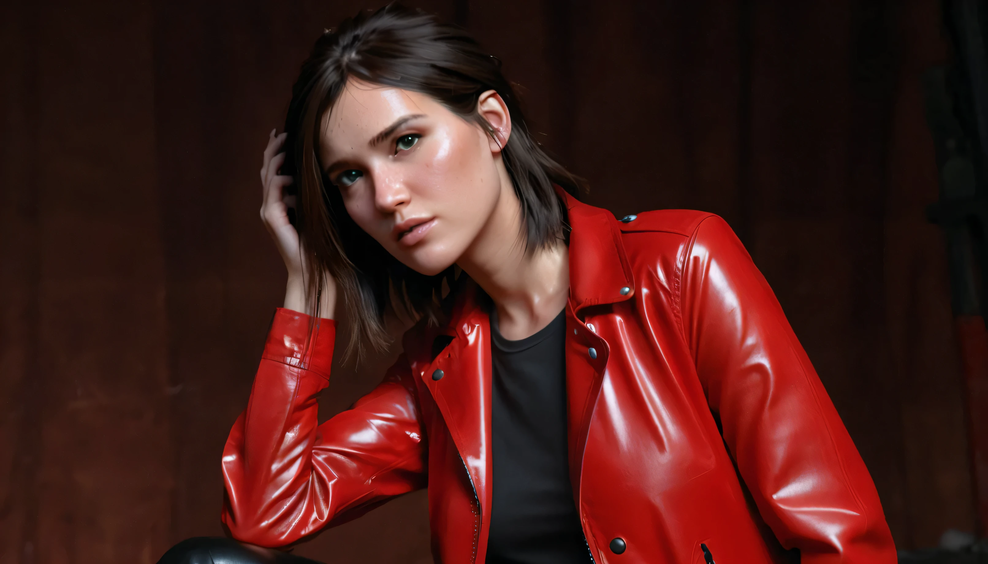photo of ohxw, ellie, tattoo on left arm, woman, black leather pants, close up shot 35mm, , medium length hair, face details, low key lighting,oil on her face. Sexy face. She is wearing a red leather raincoat. Decontracted pose. Horny, brown over knee boots
