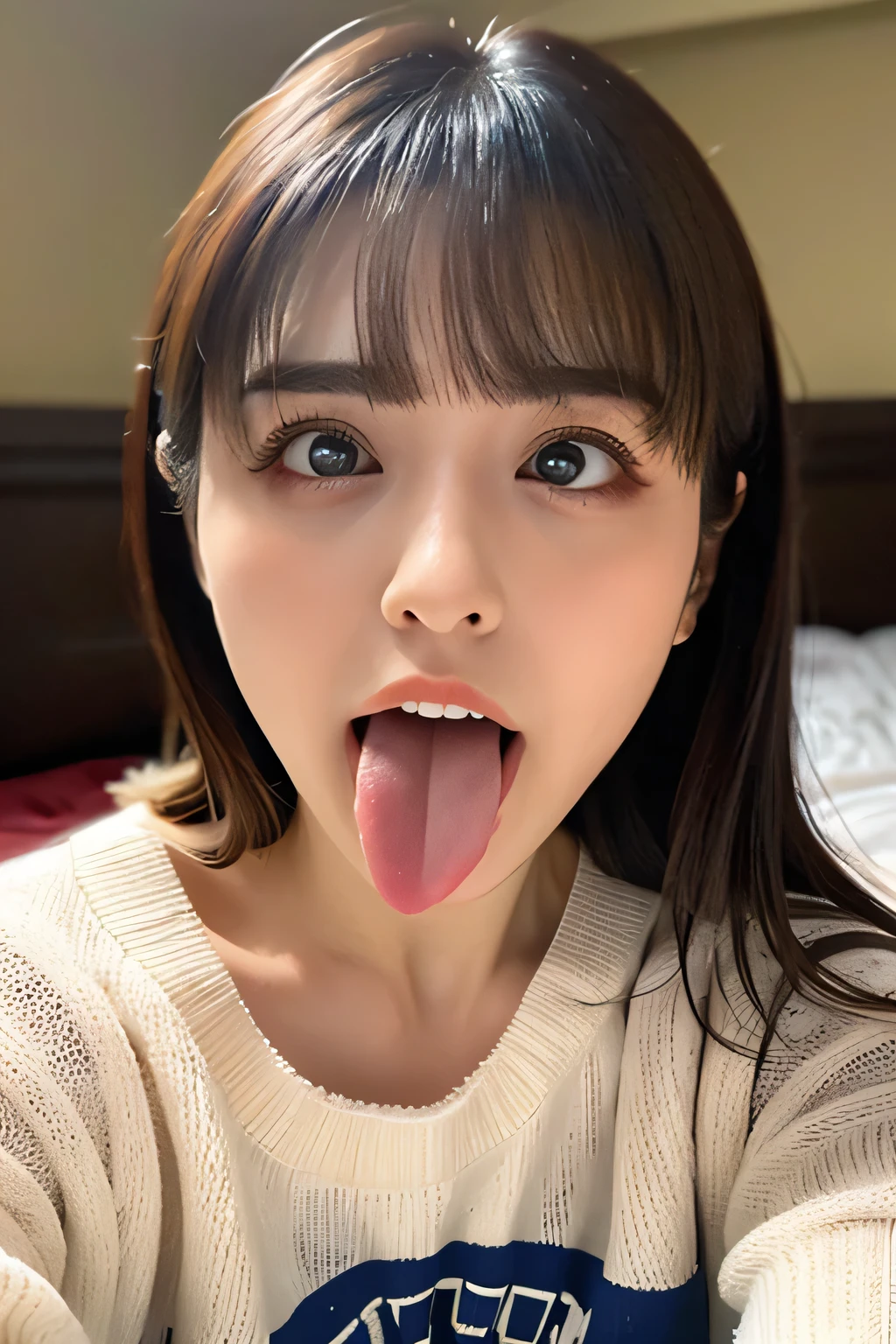  One girl , table top in bed,,Award-winning photo,  very detailed,  face close-up 、 keep your eyes focused, Nose and mouth, focus on face ,  Women with Open Mouth and Closed Eyes ,  Close up view of focus on face 、age: 18 , dark-haired、Symmetrical face,Realistic nostrils、 If 、Extended C-shaped nostrils 、 sweated skin、 sweated,   lighting to highlight pubic skin、(((Loose fit sweater,  shorts),)) sweated,  pubic skin、 pubic skin、 big eyes、 double eyelid 、(My tongue is wet and glowing ) ((Wet tongue)),Taylor Hill, hyperrealistic ,real skin、Nogizaka Members,Detailed and realistic eyelashes and double eyelids,