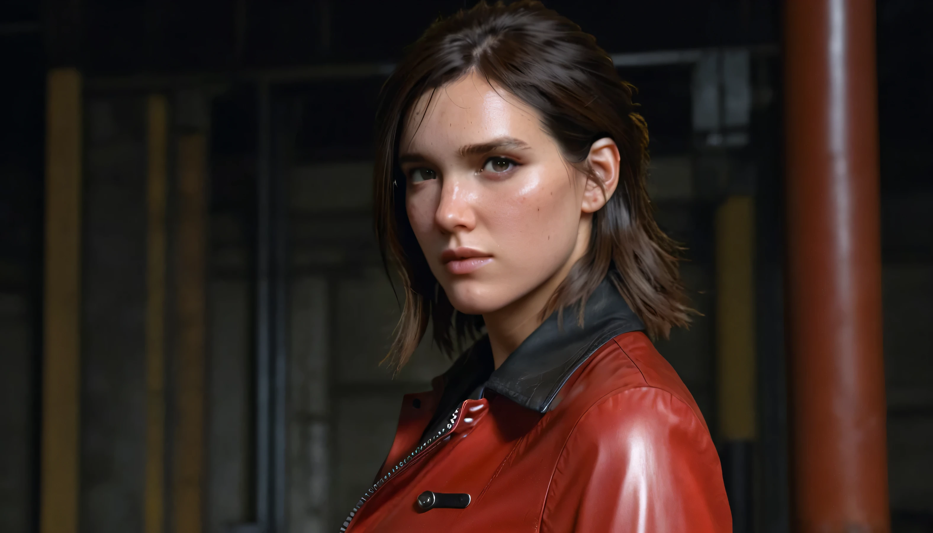 photo of ohxw, ellie, tattoo on left arm, woman, black leather pants, close up shot 35mm, , medium length hair, face details, low key lighting,oil on her face. Sexy face. She is wearing a red leather raincoat. Decontracted pose. Horny, brown over knee boots