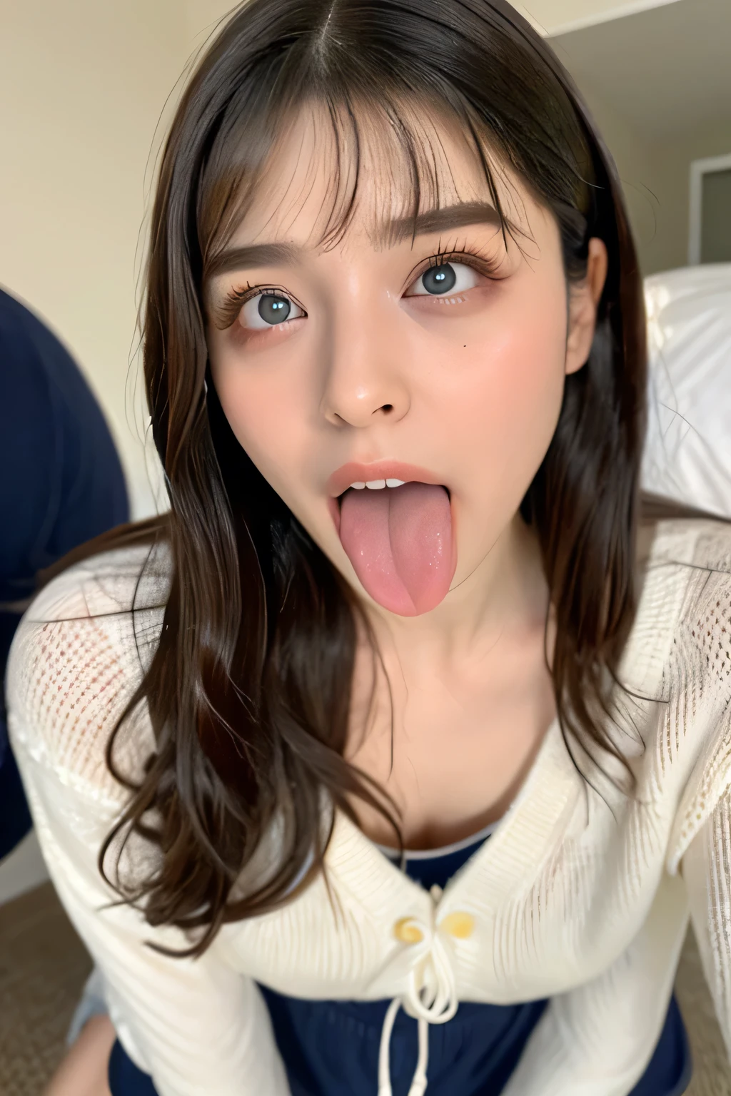  One girl , table top in bed,,Award-winning photo,  very detailed,  face close-up 、 keep your eyes focused, Nose and mouth, focus on face ,  Women with Open Mouth and Closed Eyes ,  Close up view of focus on face 、age: 18 , dark-haired、Symmetrical face,Realistic nostrils、 If 、Extended C-shaped nostrils 、 sweated skin、 sweated,   lighting to highlight pubic skin、(((Loose fit sweater,  shorts),)) sweated,  pubic skin、 pubic skin、 big eyes、 double eyelid 、(My tongue is wet and glowing ) ((Wet tongue)),Taylor Hill, hyperrealistic ,real skin、Nogizaka Members,Detailed and realistic eyelashes and double eyelids,