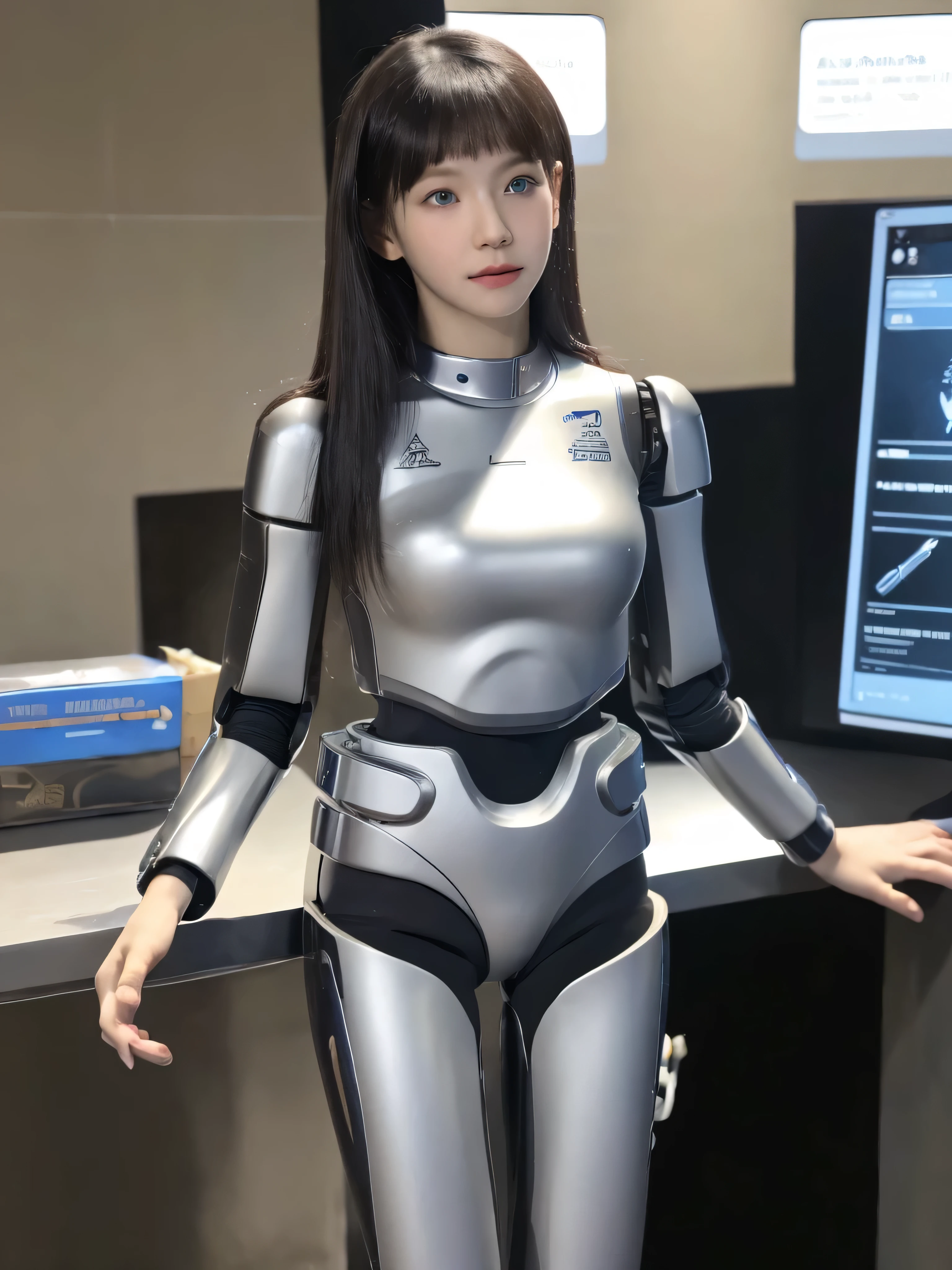 masterpiece, best quality, extremely detailed, (8K, 4K, Best Quality, hight resolution, A high resolution:1.1), 8K portrait,1girl in, Korean android girl,aespa karina,android teacher,Plump , control panels,android,Droid,Mechanical Hand, ,Robot arms and legs, Black hair,Mechanical body,Blunt bangs,White Robotics Parts,perfect robot woman,Charging spot,Long Tube,A thick cable was connected to her neck,ceramic body ,android,robot humanoid,a bit chubby,panty,full eyes,perfect mechanical body,white robotics body,future assembly plant,white body,She has repaired,black sponge joints,android assembly plant,android,laboratory,perfect machine body,white robot body, body by hrp-4c, face by aespa karina, blue eyes, body from hrp-4c, face from aespa karina, aespa karina's face, hrp-4c's robot body suit, blue eyes, sharp face shape, 20 years old, perfect nose shape, small nose, face shape from aespa karina, robot suit from HRP-4C, aespa karina's face shape