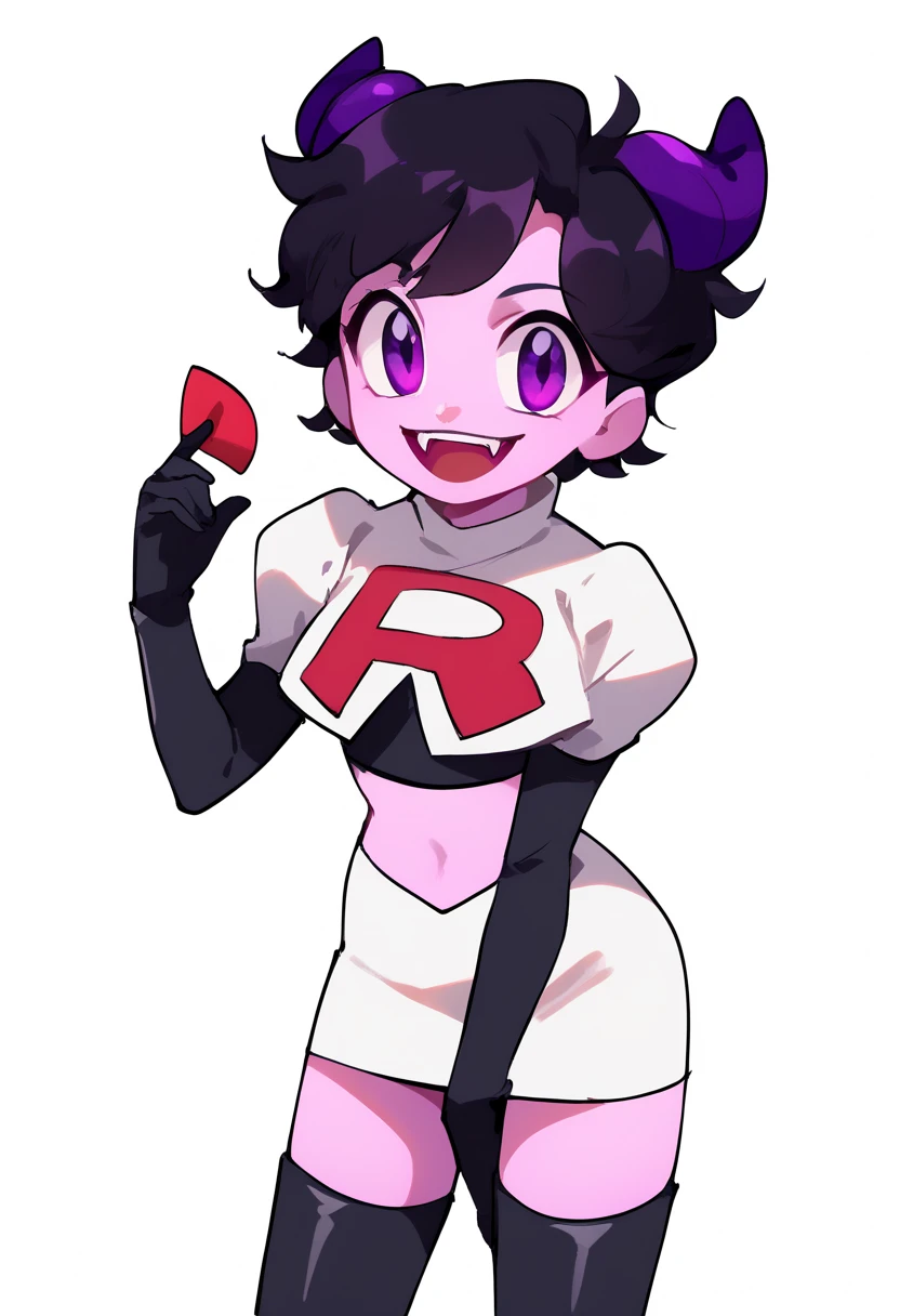 jellybean_yt, solo, looking at viewer, smile, short hair, open mouth, black hair, 1girl, white background, purple eyes, female focus, horns, teeth, colored skin, fangs, team rocket,team rocket uniform,white skirt,red letter R,crop top,black thigh-highs,black elbow gloves, source