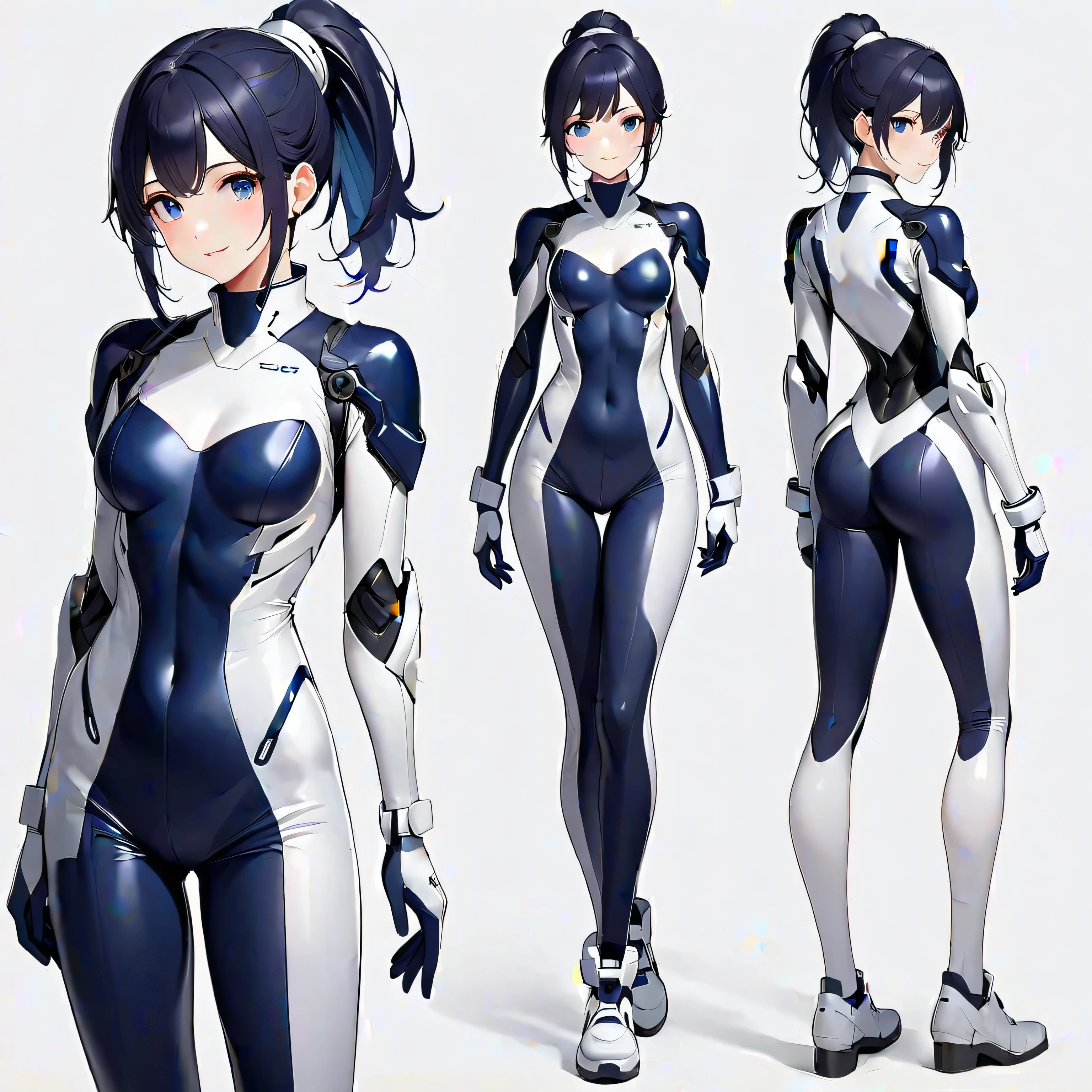(masterpiece、highest quality、highest resolution、clear_image、detailed details、Angle from above): (full body figure、One 20 year old girl、Japanese faces、small face、Slender、Navy blue super short bob cut hair、(hidden small breasts:1.3)、sparkling blue eyes、Shiny pilot suit in blue and black colors、armor that protects the chest、tight fitting clothes、clothes that cover the whole body、shiny clothes、tight fit pants、hide the skin、very delicate and beautiful、detailed skin、hide thighs、hide your butt、cute type、gentle smile、soft expression、heroine、headset、Knee-high boots、gloves up to the elbow、eye level shot、facing directly、woman on a spaceship)