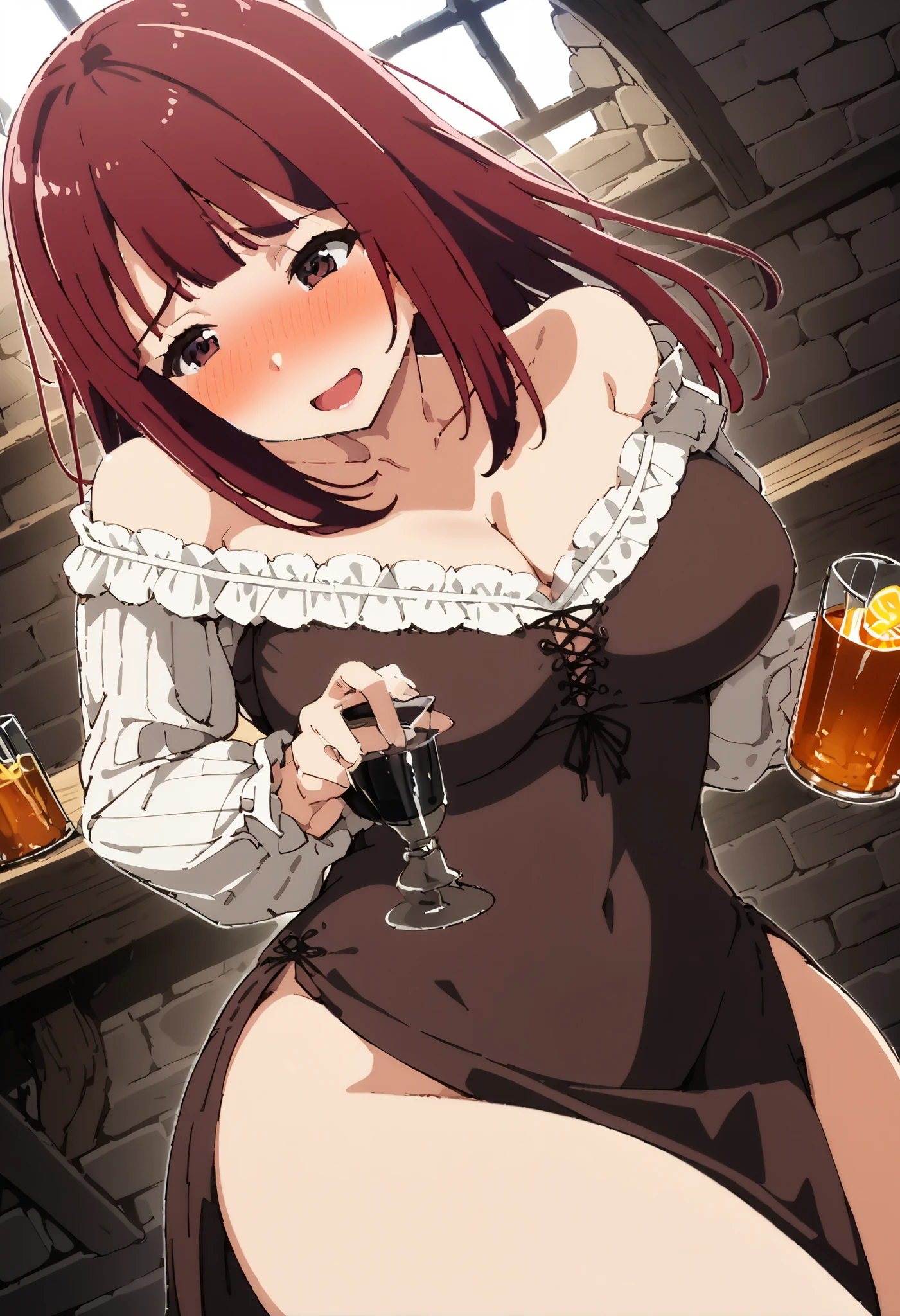 ( 1 woman 1 man ),attractive mature woman in very tight medieval peasant dress with neckline, breasts, straight red hair,  sensual look, brown eyes, in a tavern, inn, erotic, sensual, Milf, ecchi,  shy expression , medieval tavern, Smile shame,  perfect body, blush, shameless, daring,  tight dress , ,pose of please stop,  full body, She is accompanied by a medieval man, Alcoholic drinks, dislike orgasm, Slim body,  