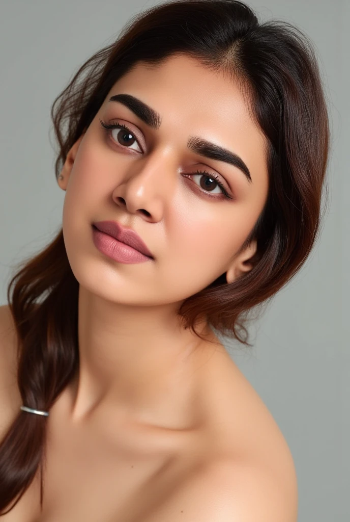 Realistic Studio portrait of a young woman, beautifully lit, masterpiece, A close-up shot of an attractive young woman, she poses seductively against a plain backdrop. Her gaze is framed by luscious eyelashes and a smile