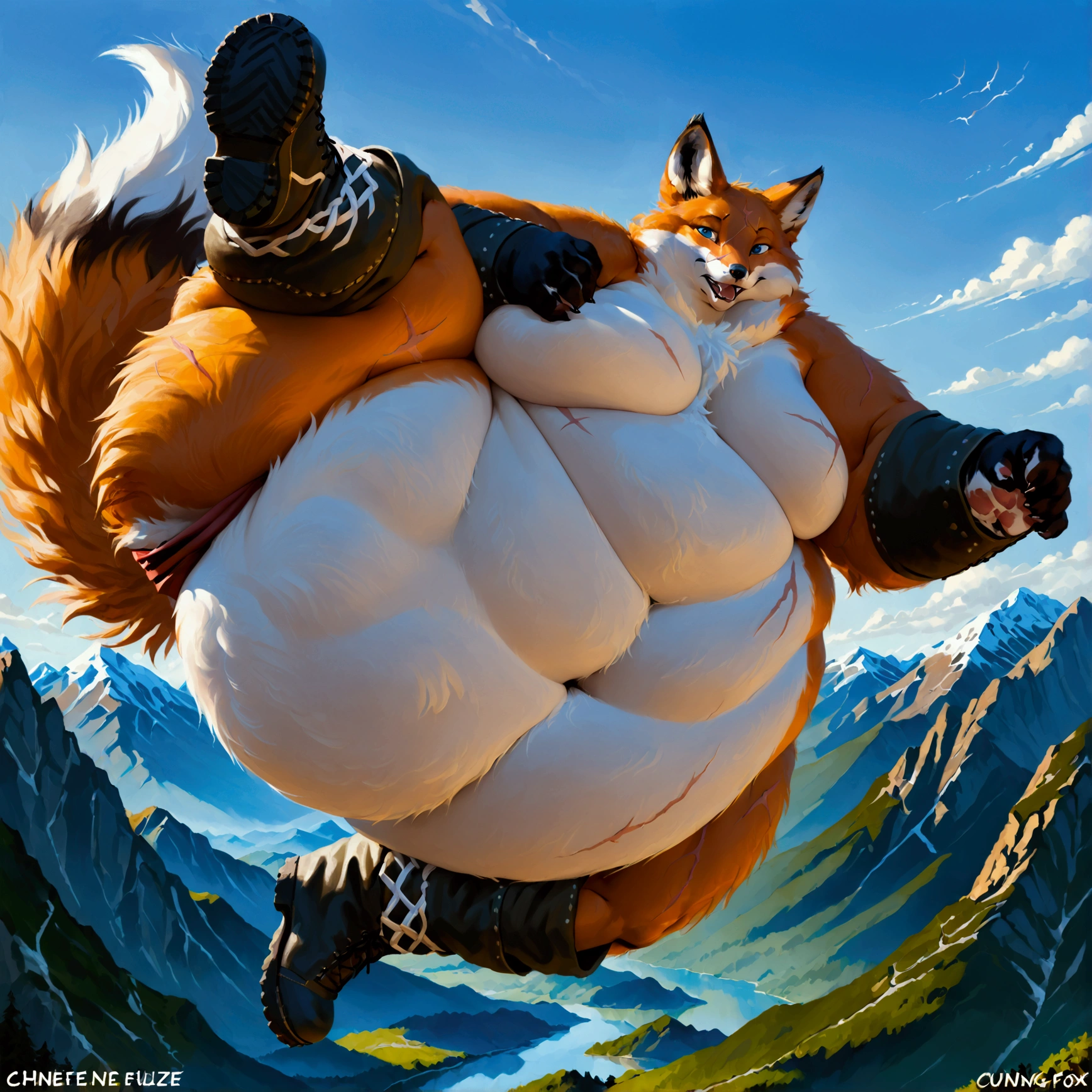 Very Extremely Morbidly-Obese Red Fox with Very Extremely massive Overhang hyper white Belly, belly size of a mountain, very extremely overweight, massive belly, smallest legs, smallest arms, scar on the face, wears boots, beautiful Blue eyes, kung-fu High Kick, one leg in the air. 