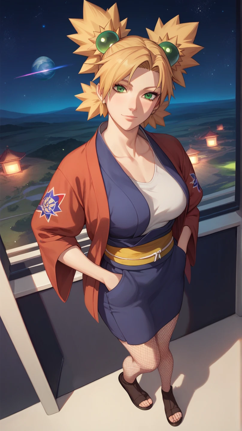 best quality,masterpiece,highres,newest,rating: general, (temari, 1girl, temari nara, green eyes, space bun),fishnet pantyhose, kimono,hand in pocket, (night,night sky),from above,medium breasts,Looking at viewer, 