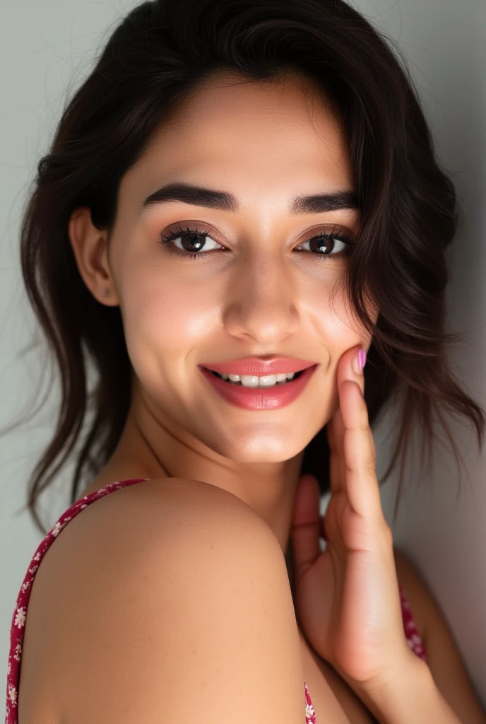 Realistic Studio portrait of a young woman, beautifully lit, masterpiece, A close-up shot of an attractive young woman, she poses seductively against a plain backdrop. Her gaze is framed by luscious eyelashes and a smile