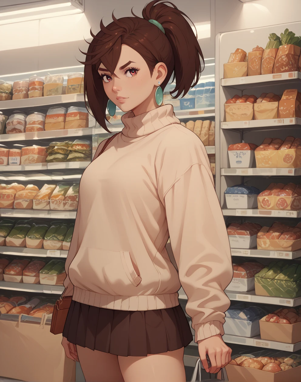 Momo Ayase (Dandadan), Standing, background: grocery store, wearing sweater and short skirt, brown hair, no underwear, 