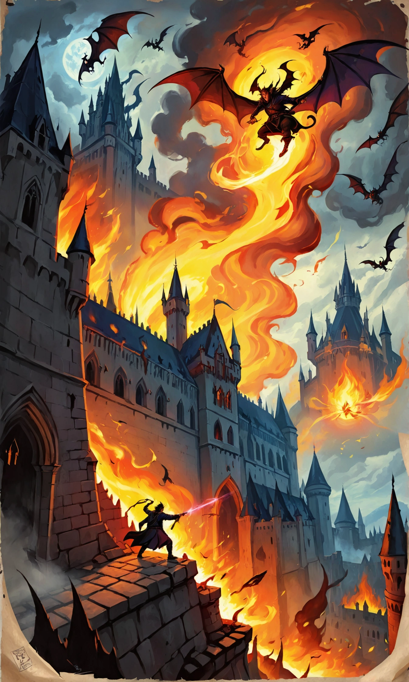 poster, drawing on parchment  ,  hand-drawn painting  , foreground parapet of the building , , a full-length young sorcerer on the edge of the building,  Against the background of a far Gothic castle , Fighting Demons,  fire and shrapnel of buildings around , dynamics, poster для фильма