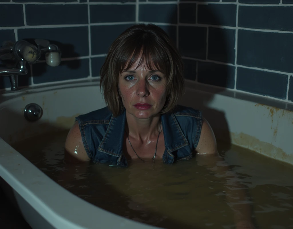 from afar view, Covered in mud ,Bob haircut, detailed eyes and face,  An expression of despair  ,wetlook denim jacket, dark and gloomy lighting ,desperation,bathroom,drowning deep in sludge-filled bathtub ,sick faded hot mid-aged whore, red lips, from side view, in the middle of bathroom, from afar view