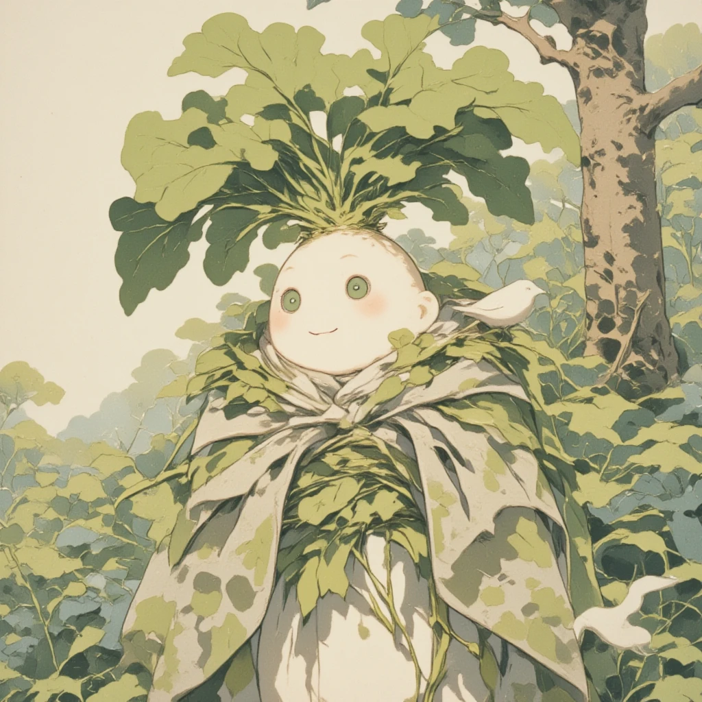 Visualize a daikon character personifying the spirit of a river sprite, drawn in a traditional ukiyo-e illustration style, inspired by the ancient tales of the Kojiki. This enchanting daikon figure is dressed in attire that echoes the clarity and freshness of a flowing river, with garments in shades of pale blue that almost shimmer with transparency. The character's head is adorned with embellishments resembling gentle waves, intricately crafted to symbolize the flowing river. This river motif continues along its body, with tiny droplets of water appearing to splash around, creating an ethereal effect. The character's large, gentle blue eyes evoke a sense of calm and serenity, while its hands cradle orbs of water that glisten as though touched by sunlight. The setting features a serene river scene, complete with blooming flowers floating softly upon the water's surface, all vividly brought to life through the expressive brushstrokes typical of ukiyo-e artwork. This scene encapsulates not just the essence of a river spirit but also the tranquil beauty associated with nature in Japanese mythology.