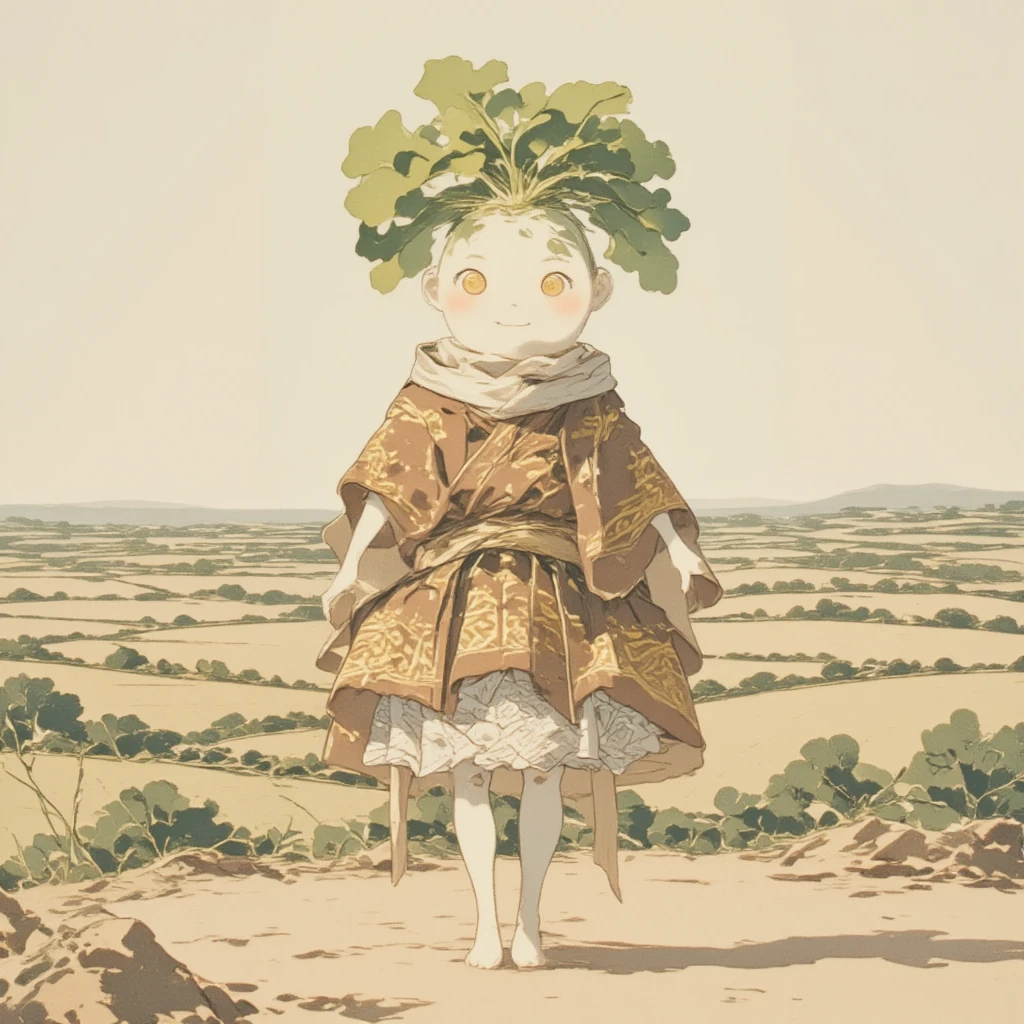 Illustrate a daikon character symbolizing the deity of the earth, rendered in the classic ukiyo-e art form inspired by timeless tales such as the Kojiki. This formidable earth god daikon dons attire in rich browns and golden hues, representing the fertile bounty of the land. The lower part of this garment seamlessly transitions into what appears to be a skirt of soil, detailed with intricate patterns resembling the surface of the earth itself. Its skin, as pure and white as a daikon, embodies the nourishing and sustaining qualities of the soil, with a robust and wholesome appearance. The character's eyes, a warm amber, reflect the generosity of the earth's gifts, offering a sense of comfort and abundance. The scene is set against a sprawling rural landscape painted in ukiyo-e style, where fields stretch far and wide, symbolizing bountiful harvests and the cycle of life. This illustration captures both the humble elegance and the profound significance of the earth deity, celebrated in the cultural narratives of Japan, and its expression through the charming figure of a daikon.