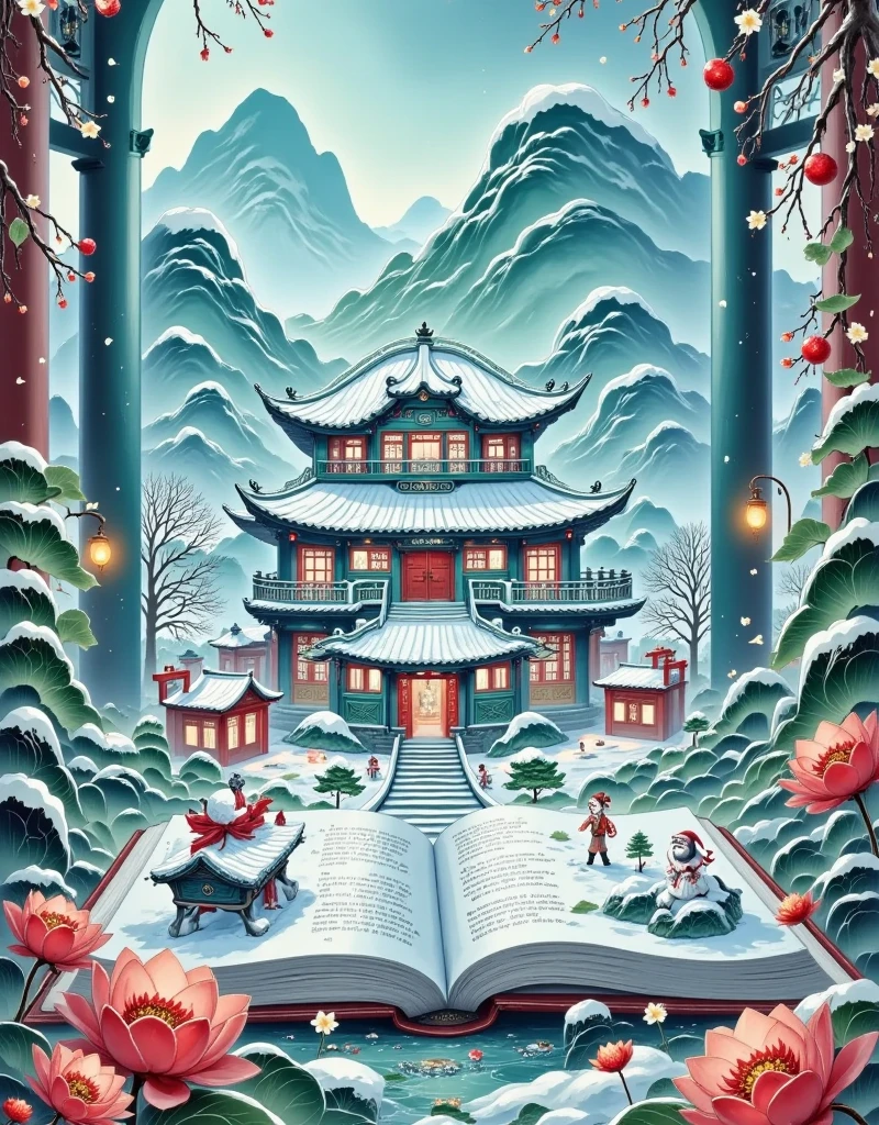 JQZX,This image is a highly detailed, CGI-rendered illustration of a fantastical scene within an open book. The scene depicts a serene, snow-covered courtyard with traditional Chinese architectural elements, showcasing a harmonious blend of modern and traditional design. The central structure is a multi-story, modern house with a traditional Chinese roof, featuring multiple levels connected by a series of staircases and walkways. The house is illuminated by warm, soft lighting, casting a cozy glow that contrasts with the cool, white snow-covered ground and surrounding trees. The courtyard is filled with various elements such as a small, ornate pavilion, a stone path leading to the main building, and a few trees, including one with blossoming cherry blossoms. The surrounding buildings, depicted on the left side of the image, are modern structures with large windows and sleek, contemporary designs, blending seamlessly with the traditional architecture of the central house. The scene is set within a book, with the pages visible around the edges. The book's pages are filled with text in a traditional Chinese script, adding to the immersive, fantastical atmosphere. The overall color palette is dominated by warm whites, soft grays, and subtle earth tones, creating a tranquil, inviting atmosphere..,