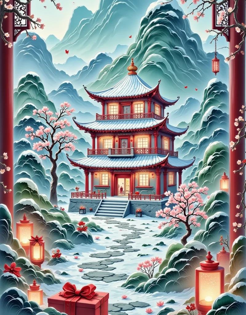 JQZX,This image is a highly detailed, CGI-rendered illustration of a fantastical scene within an open book. The scene depicts a serene, snow-covered courtyard with traditional Chinese architectural elements, showcasing a harmonious blend of modern and traditional design. The central structure is a multi-story, modern house with a traditional Chinese roof, featuring multiple levels connected by a series of staircases and walkways. The house is illuminated by warm, soft lighting, casting a cozy glow that contrasts with the cool, white snow-covered ground and surrounding trees. The courtyard is filled with various elements such as a small, ornate pavilion, a stone path leading to the main building, and a few trees, including one with blossoming cherry blossoms. The surrounding buildings, depicted on the left side of the image, are modern structures with large windows and sleek, contemporary designs, blending seamlessly with the traditional architecture of the central house. The scene is set within a book, with the pages visible around the edges. The book's pages are filled with text in a traditional Chinese script, adding to the immersive, fantastical atmosphere. The overall color palette is dominated by warm whites, soft grays, and subtle earth tones, creating a tranquil, inviting atmosphere..,