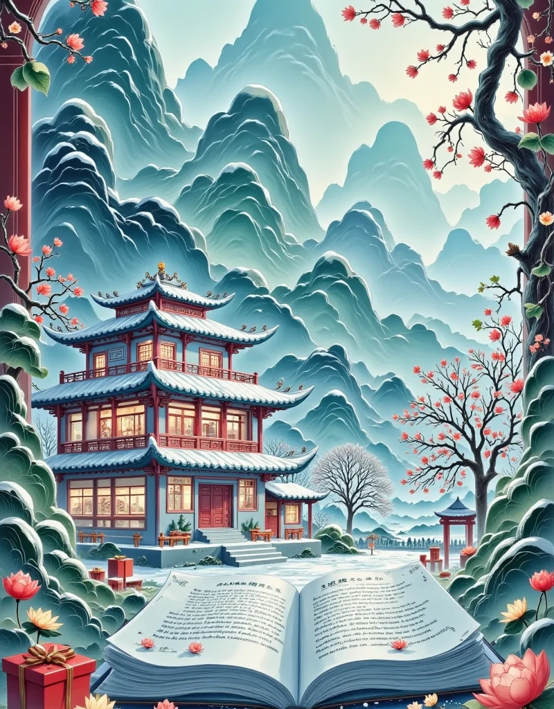 JQZX,This image is a highly detailed, CGI-rendered illustration of a fantastical scene within an open book. The scene depicts a serene, snow-covered courtyard with traditional Chinese architectural elements, showcasing a harmonious blend of modern and traditional design. The central structure is a multi-story, modern house with a traditional Chinese roof, featuring multiple levels connected by a series of staircases and walkways. The house is illuminated by warm, soft lighting, casting a cozy glow that contrasts with the cool, white snow-covered ground and surrounding trees. The courtyard is filled with various elements such as a small, ornate pavilion, a stone path leading to the main building, and a few trees, including one with blossoming cherry blossoms. The surrounding buildings, depicted on the left side of the image, are modern structures with large windows and sleek, contemporary designs, blending seamlessly with the traditional architecture of the central house. The scene is set within a book, with the pages visible around the edges. The book's pages are filled with text in a traditional Chinese script, adding to the immersive, fantastical atmosphere. The overall color palette is dominated by warm whites, soft grays, and subtle earth tones, creating a tranquil, inviting atmosphere..,