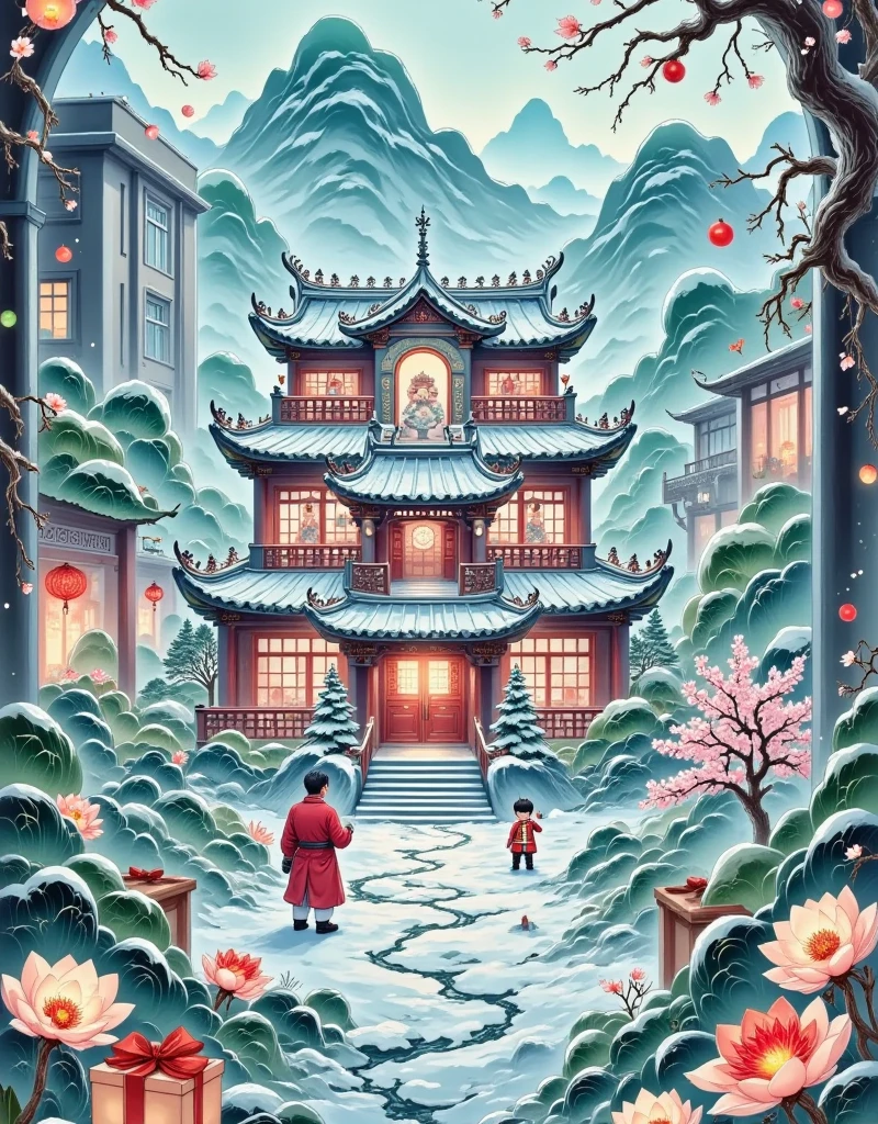 JQZX,This image is a highly detailed, CGI-rendered illustration of a fantastical scene within an open book. The scene depicts a serene, snow-covered courtyard with traditional Chinese architectural elements, showcasing a harmonious blend of modern and traditional design. The central structure is a multi-story, modern house with a traditional Chinese roof, featuring multiple levels connected by a series of staircases and walkways. The house is illuminated by warm, soft lighting, casting a cozy glow that contrasts with the cool, white snow-covered ground and surrounding trees. The courtyard is filled with various elements such as a small, ornate pavilion, a stone path leading to the main building, and a few trees, including one with blossoming cherry blossoms. The surrounding buildings, depicted on the left side of the image, are modern structures with large windows and sleek, contemporary designs, blending seamlessly with the traditional architecture of the central house. The scene is set within a book, with the pages visible around the edges. The book's pages are filled with text in a traditional Chinese script, adding to the immersive, fantastical atmosphere. The overall color palette is dominated by warm whites, soft grays, and subtle earth tones, creating a tranquil, inviting atmosphere..,