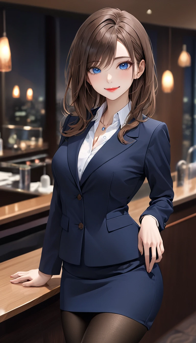  masterpiece,  top quality,   very detailed, Thin legs、medium breasts,   beautiful details, fine texture,  fine skin,  beautiful adult woman at the bottom of the room , Alone, Happy smile, rouge lips ,  closed mouth,   deep blue eyes , Brown Hair, Right-parted bangs,   Long Sleeve office suit , white, slash neck ,pendant ,  black blazer(two button) , Black Pencil Skirt,   black pantyhose , night、Stylish bar、 counter、blurry background,