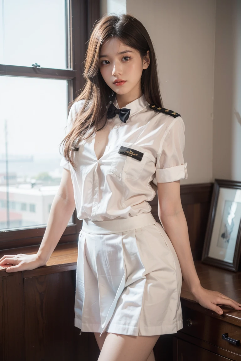 1girl, 175cm,korean model, 23 years old, soft body, black hair, wavy hair, hair reaches waist,slender legs,white watch, red bracelet, white chain, white coker,Move your center of gravity back, pretty embarrassing, stewardess,unbuttoned stewardess uniform , hands on hips, touching my hips, RAW photos, 8K, highest quality, ultra-high resolution, beautiful faces detailed, real human skin, gentle expressions, Front view, angle from below, long hair, realistic, photorealistic, whole body,,close-up, 8k, RAW photo, best quality, masterpiece,realistic, photo-realistic,seductive,drenched body,((stewardess)),(stewardess uniform)