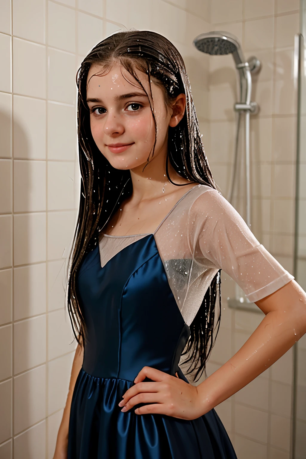 A cute, small, timid, nerdy flat 18 year old girl, soaking wet, taking a shower in her cute floor length prom dress, casual, close up, ((flat cheated)), long straight hair