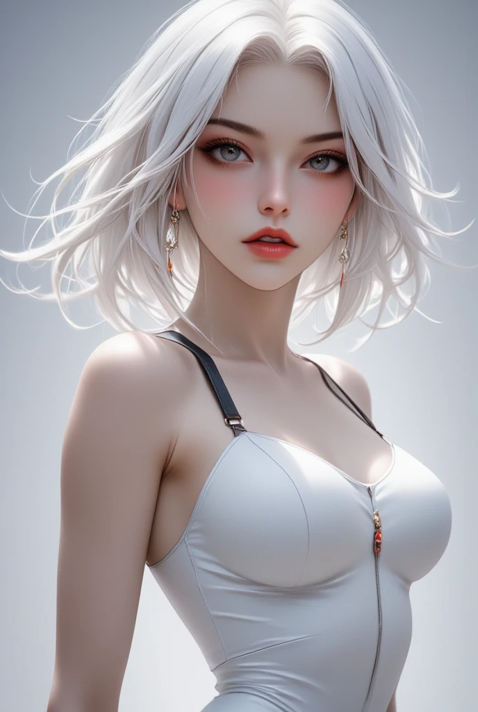 (masterpiece:1.1), (top quality:1.1), Whole body, short hair, good anatomy, lock of hair,, (1 girl:1.2), (detailed face and eyes:1.25), long white hair, Brown eyes, white bodysuit, blush, I&#39;m looking at the viewer, mature woman, sidelocks, tatibana kyoka,, sitting, Elysiumchar, Oil painting,  