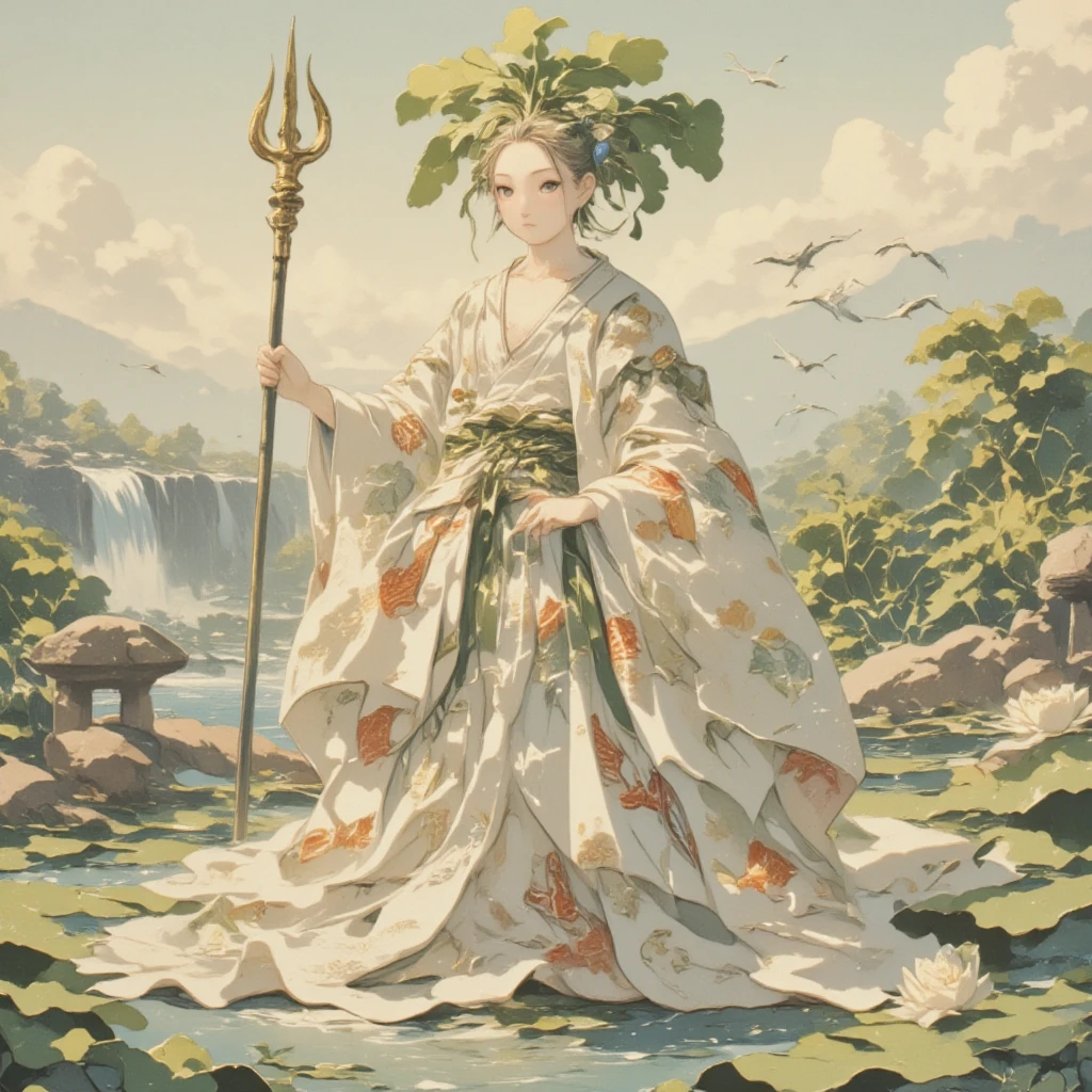 Illustrate a serene daikon character as a Water Deity within an evocative ukiyo-e inspired scene. (The daikon character, embodying tranquil beauty, features serene eyes and a calm expression, evoking a peaceful spiritual presence. Its attire consists of a majestic water-themed robe that flows like cascading waves, interwoven with patterns of koi fish and lotus blossoms, elegantly reflecting the theme of water and serenity. With a delicate, ancient trident made from coral in one hand, this character presides over a serene waterscape teeming with lily pads and softly rippling waters. The background reveals a picturesque view of cascading waterfalls from distant mountains, where cranes and kingfishers dance in the mist, and misty clouds hover gently in the sky tinted with hints of dawn’s light. The artistry captures elements of rustic Japanese gardens, complete with stone lanterns peeking through lush foliage. The calm and meditative aura is palpable, further emphasized by the elegant presence of lily forming a natural perimeter, highlighting the deity’s gentle guardianship over the water domain. This portrayal seeks to celebrate the gentle embrace and rejuvenating powers of water, merging serene natural beauty with divine omnipresence in an evocative, traditional style.)