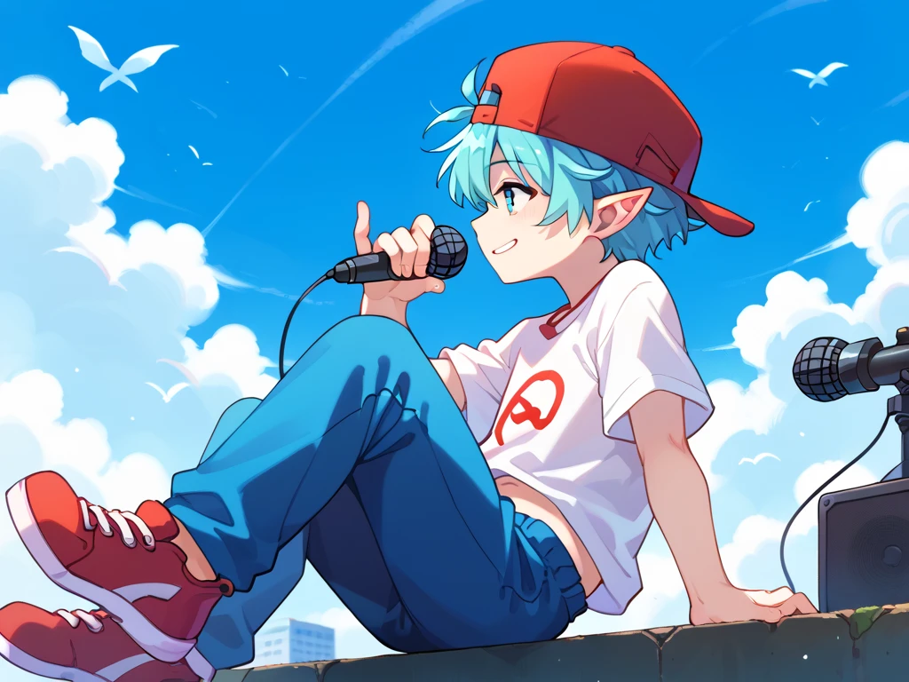 score_9, score_8_up, score_7_up, score_6_up, score_5_up, score_4_up, uncensored, BREAK source_anime, masterpiece, art by noodychaan, a boy, bf_fnf, solo, backwards baseball cap, short hair, aqua hair, pointy ears, white shirt, no symbol, short sleeves, holding microphone, blue pants, red sneakers, wind, blue sky background, smile, from side,