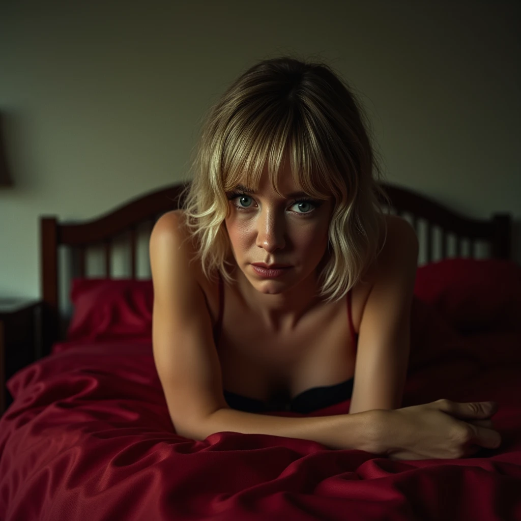 Vanessa Kirby, picture from above, lying  limp on a bed, red strapless dress, black tights, blonde bob cut hair with bangs, drunk face