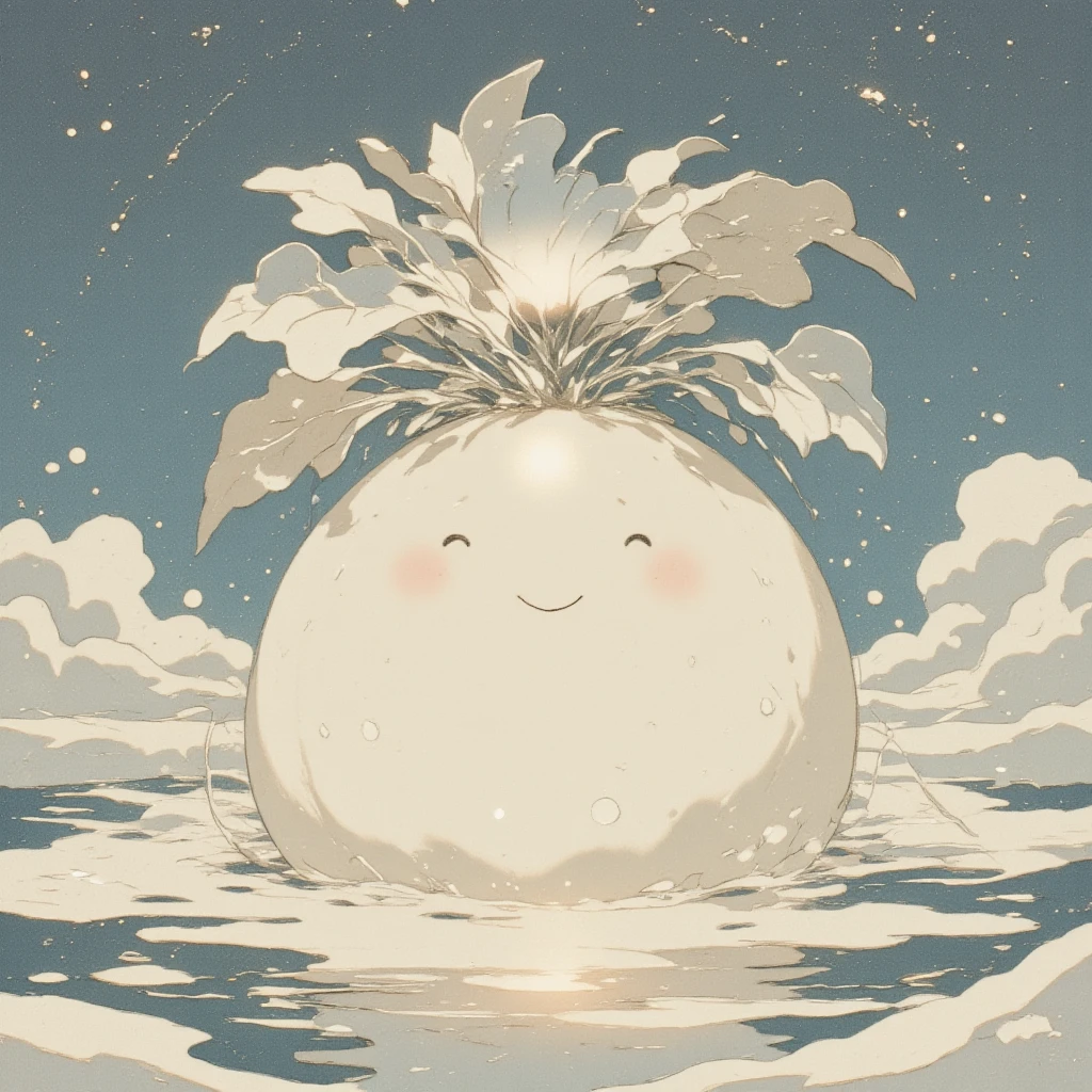 Craft a mesmerizing ukiyo-e inspired illustration featuring a daikon character embodying Tsukuyomi, the moon god from ancient Japanese mythology. This ethereal character is rendered with a serene and gentle elegance, combining the soft luminous quality of moonlight with the playful nature of a daikon. The character has a smooth, white surface that reflects a serene glow, and its leafy top resembles a silvery crown, reminiscent of a crescent moon. Set within a tranquil nightscape featuring a star-dotted sky and a silvery, reflective pond, this daikon character appears to glide gracefully through the nocturnal surroundings. Its expression conveys mystery and wisdom, with a gentle smile that invites viewers to explore the depths of the night. Incorporate a color palette of cool silvers, soft blues, and pearly whites, invoking a quiet, nighttime atmosphere. Fuse traditional ukiyo-e techniques with elements of fantasy to breathe life into this enchanting lunar daikon deity, bridging the realms of myth and imagination.