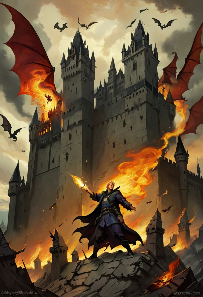 poster, drawing on parchment  ,  hand-drawn painting  , foreground parapet of the building , , a full-length young sorcerer on the edge of the building,  Against the background of a far Gothic castle , Fighting Demons,  fire and shrapnel of buildings around , dynamics, poster для фильма