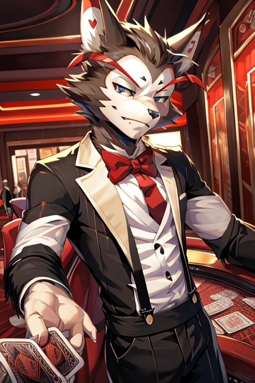 posted on e621 (by Chunie), furry, male, anthro, solo, (Realistic eye details:1.2), (beautiful detailed eyes), anime character husk from hazbin hotel, casino, Black suit, Red tie, red suspenders, dealing cards, blackjack or poker, the place is busy with people around the casino, perfect anatomy, realistic anatomy, full body like, slim body, good looking, anime style, 8k, 4k anime wallpaper, anime art wallpaper 8 k, 2 d art, 2d art, anime art wallpaper 4k, detail art