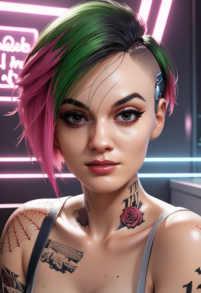 judy alvarez, 1girl, solo, tattoo, short hair, multicolored hair, green hair, arm tattoo, looking at viewer, realistic, undercut, pink hair, two-tone hair, makeup, asymmetrical hair, eye makeup, brown eyes, BREAK
level_9, level_8_up, level_7_up, level_6_up, level_5_up, source_cartoon, masterpiece 
BREAK
indoor, neon lights,