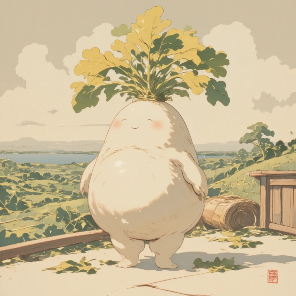 Envision an imaginative ukiyo-e illustration showcasing a daikon character inspired by Okuninushi, the central deity of prosperity and agriculture in Japanese lore. This charming daikon figure is depicted with a robust and nurturing presence, embodying the god's association with growth and abundance. The character exhibits broad, earthy leaves resembling a regal garment of prosperity, and its rotund shape symbolizes bountiful harvests. Surrounded by imagery of lush farmland and thriving nature, the character's warm and jovial expression radiates reassurance and stability. The color palette includes earthy tones of deep greens, rich browns, and golden yellows, underscoring the theme of growth and nature's bounty. This daikon deity stands as a symbol of hope and nurturing, woven into a harmonious ukiyo-e composition that creatively interprets traditional iconography through the whimsical lens of a daikon farming god.