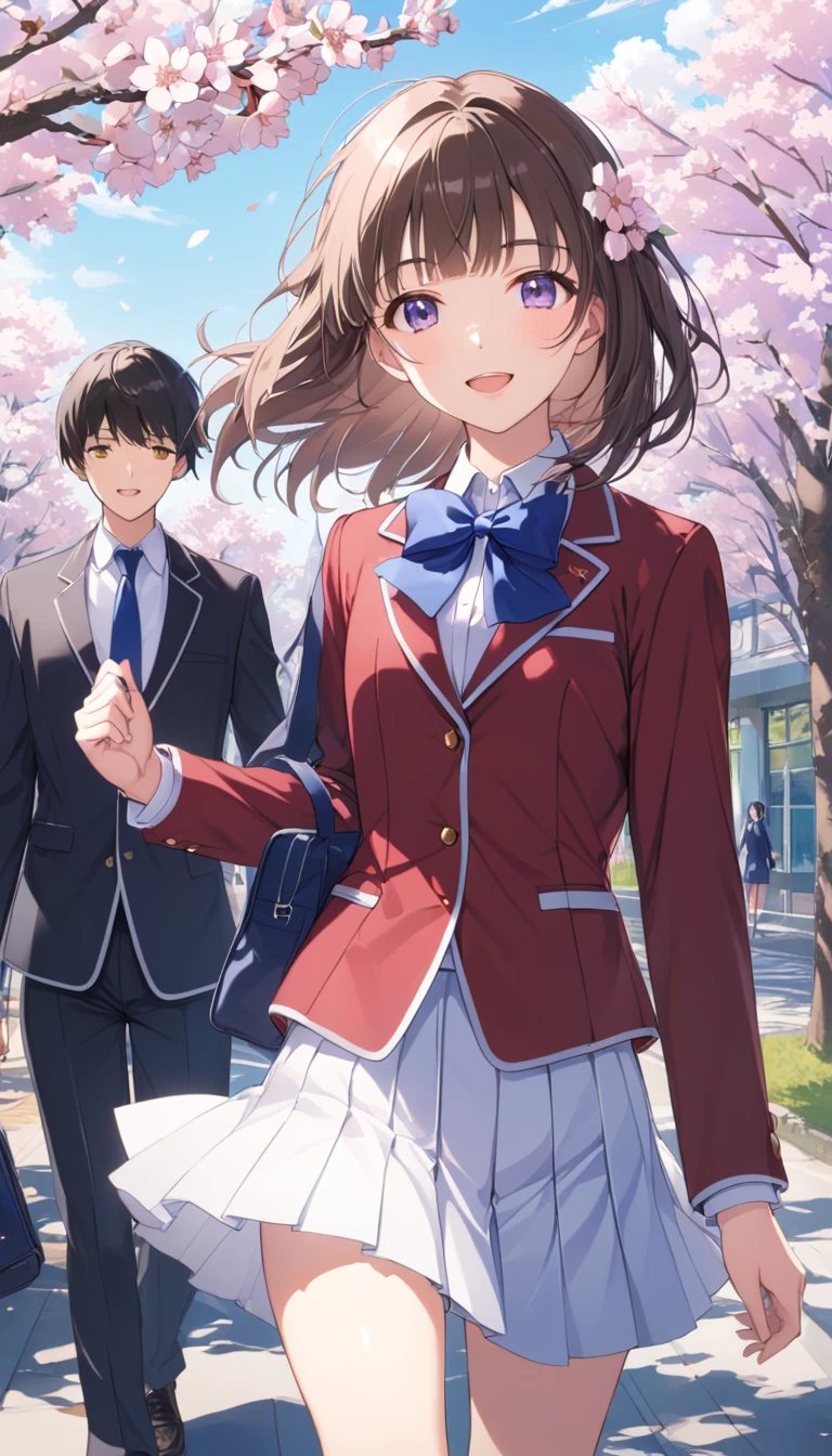 masterpiece,  top quality,  high definition , brown hair,  medium hair,  braided , blunt bangs,  blue bow tie,  red blazer,long sleeve blazer, White Skirt,  pleated skirt ,   White Knee-High, smile, cherry blossoms, school,  outdoor,  walking, open mouth ,  cowboy shot ,smile ,glossy lips 