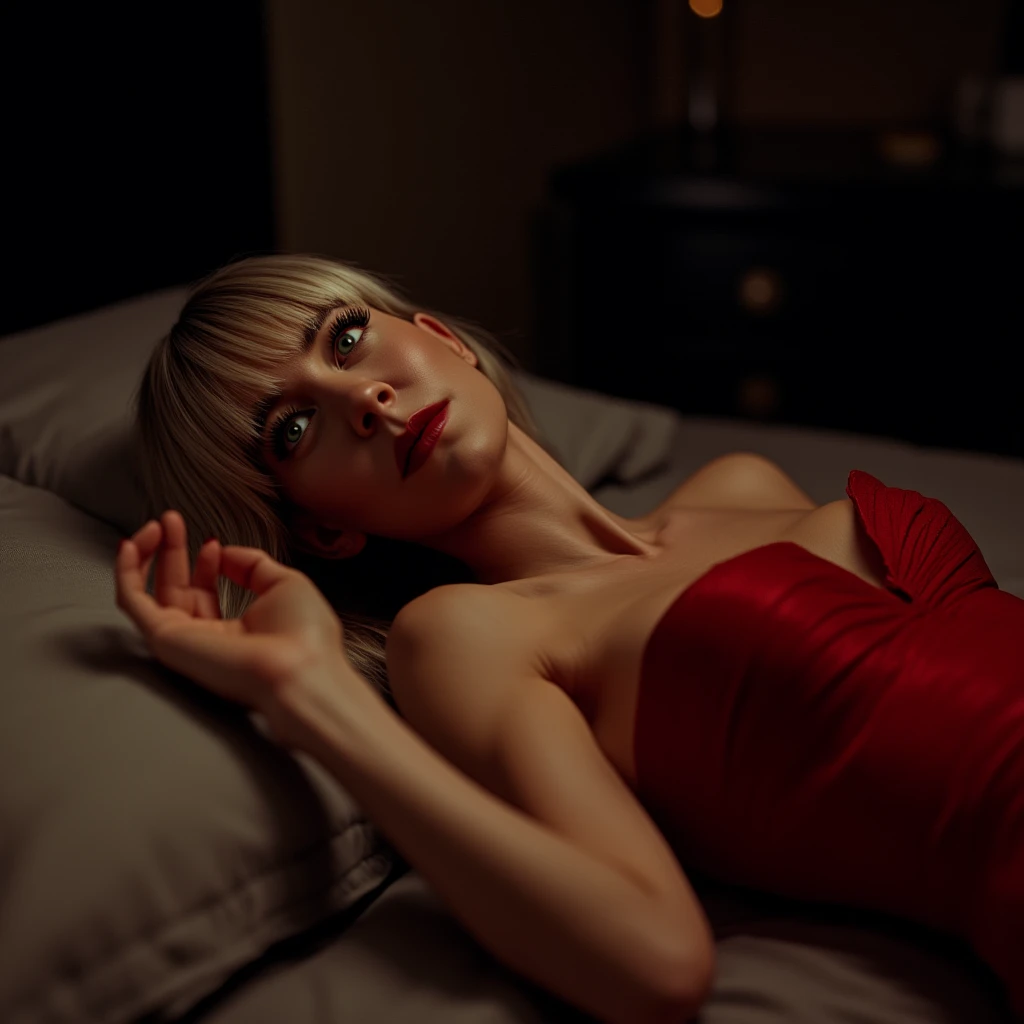 Vanessa Kirby, picture from above, lying  limp on a bed, red strapless dress, blonde bob cut hair with bangs, drunk face