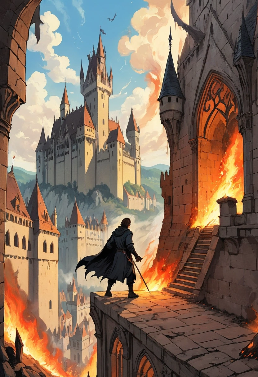 poster, drawing on parchment  ,  hand-drawn painting  , foreground parapet of the building , , a full-length young sorcerer on the edge of the building,  Against the background of a far Gothic castle , Fighting Demons,  fire and shrapnel of buildings around , dynamics, poster для фильма